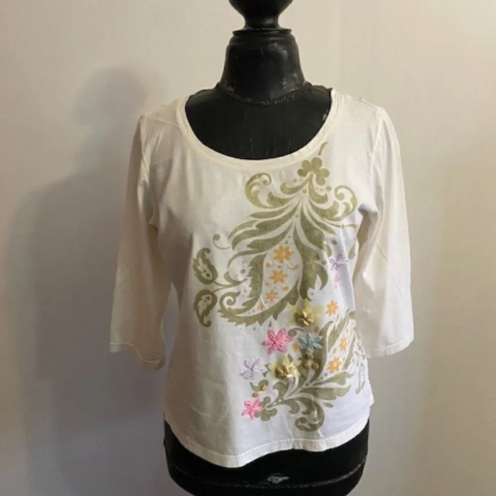 Talbots White Floral top with embellishments 3/4 sleeves, size M